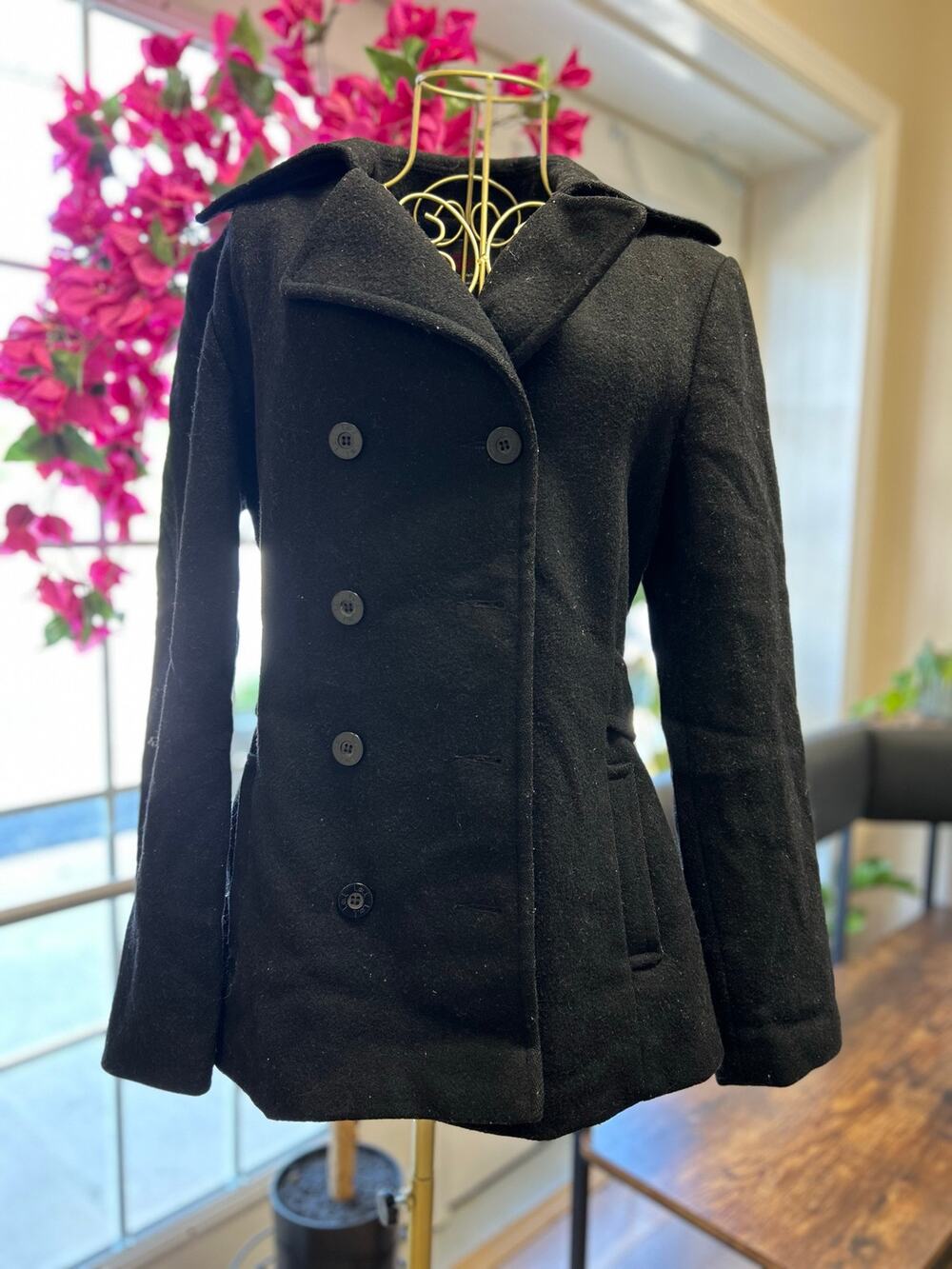 Women's Black Vintage l.e.i Peacoat Jacket Size Small 100% Wool